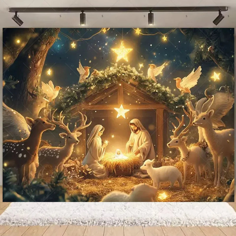 Fundo Decorativo de Natal Presépio Poliester