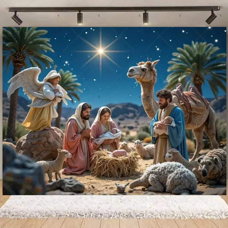 Fundo Decorativo de Natal Presépio Poliester